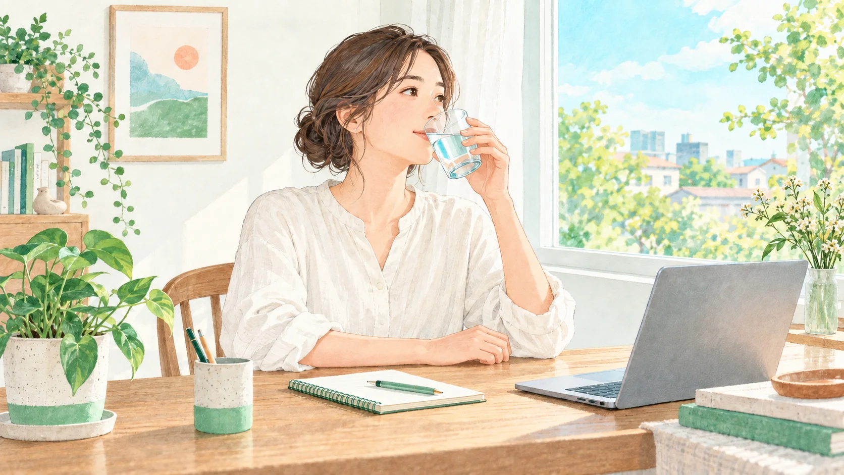 仕事の合間に、窓辺の机でコップの水を一口飲む人のイラスト