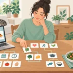 料理の候補を表示したパソコンと、食材や時間のカードを見ながら食事の計画を考える女性