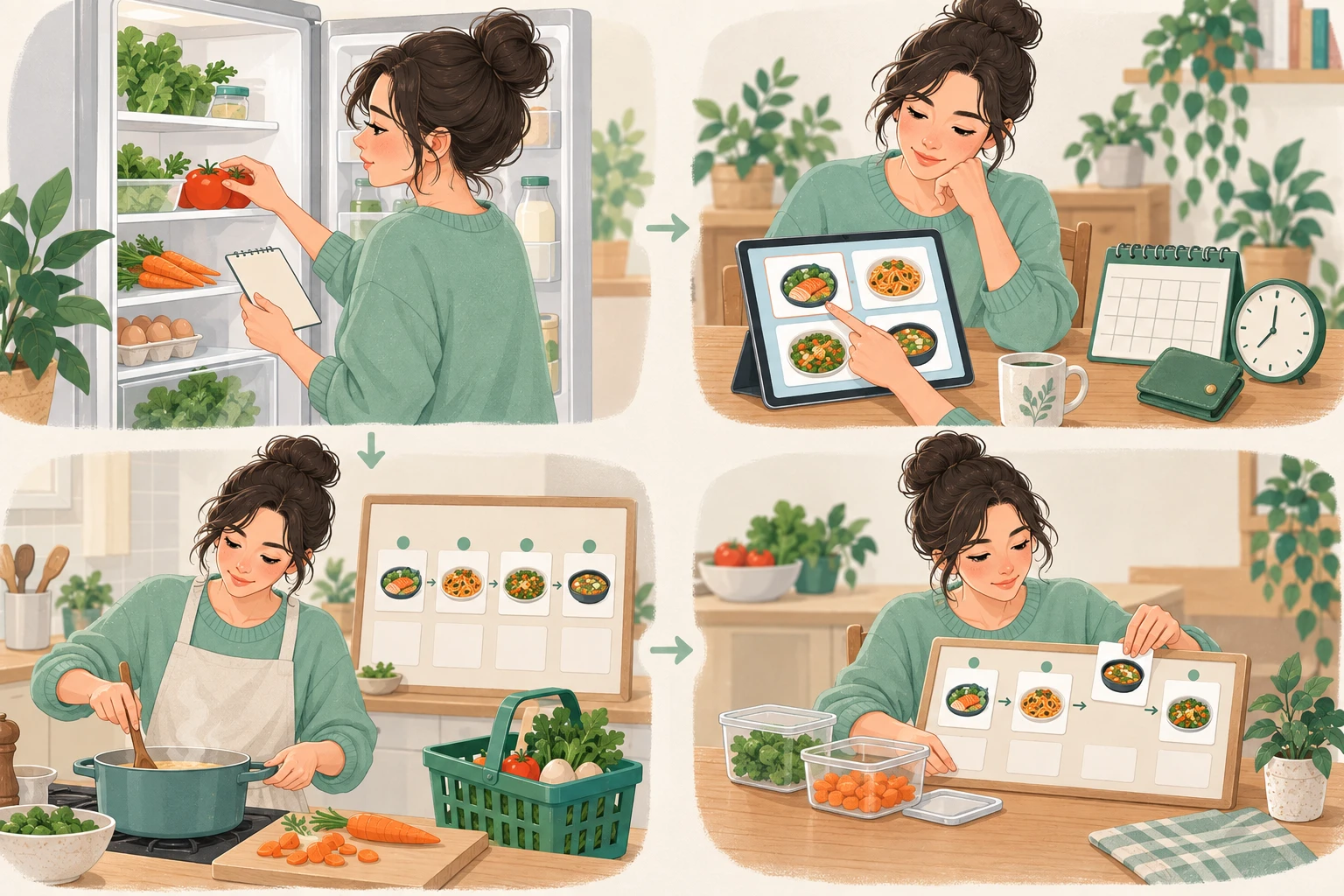 冷蔵庫の食材を確認し、献立を選び、調理して料理カードと保存容器を整理する四つの場面