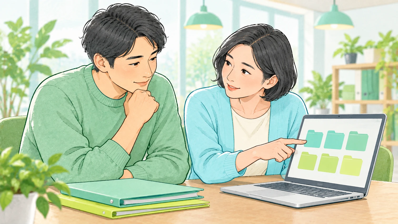 必要な資料を見つけやすくするため、パソコンのフォルダ整理について相談する二人