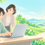 パソコンに取り組む成人とそばで見守る人の先に、緑の小道と明るい空が広がるイラスト