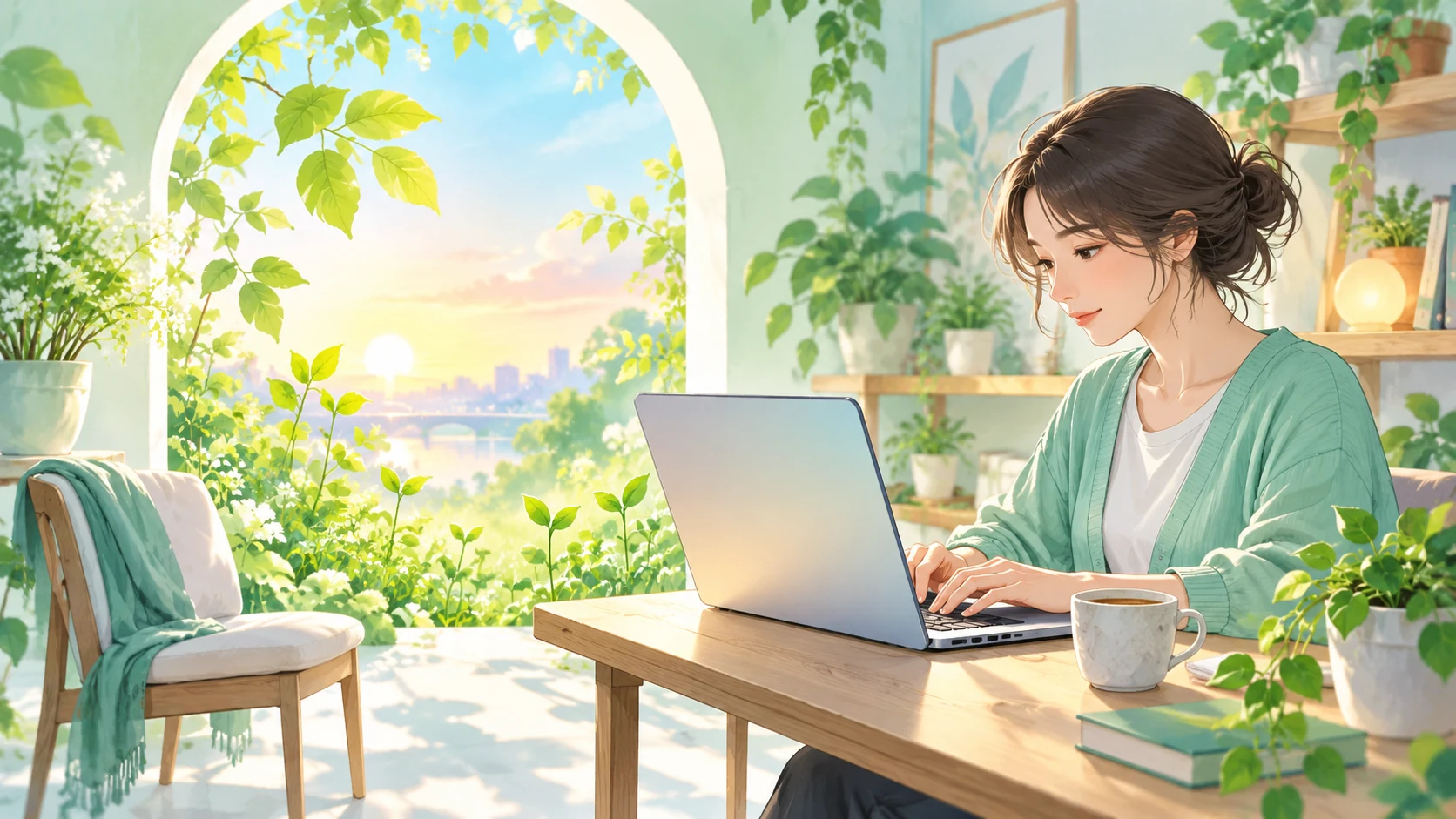 明るい窓辺でパソコンに向かう成人と、緑に囲まれた休憩用の椅子のイラスト