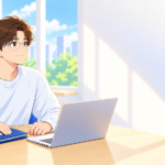 青いファイルに手を置き、ノートパソコンの前で穏やかにほほえむ男性