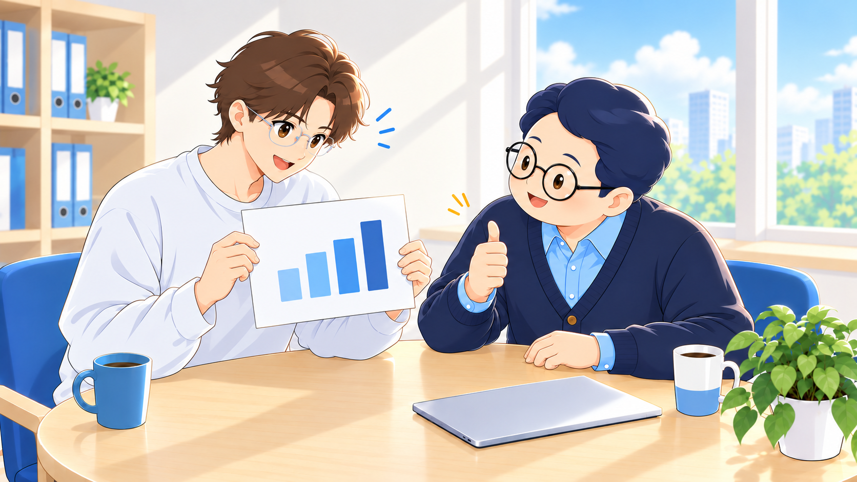利用者が作った資料を掲げ、支援員が笑顔で親指を立てている様子