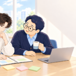 考え込む利用者の隣で、支援員が穏やかに寄り添っている様子