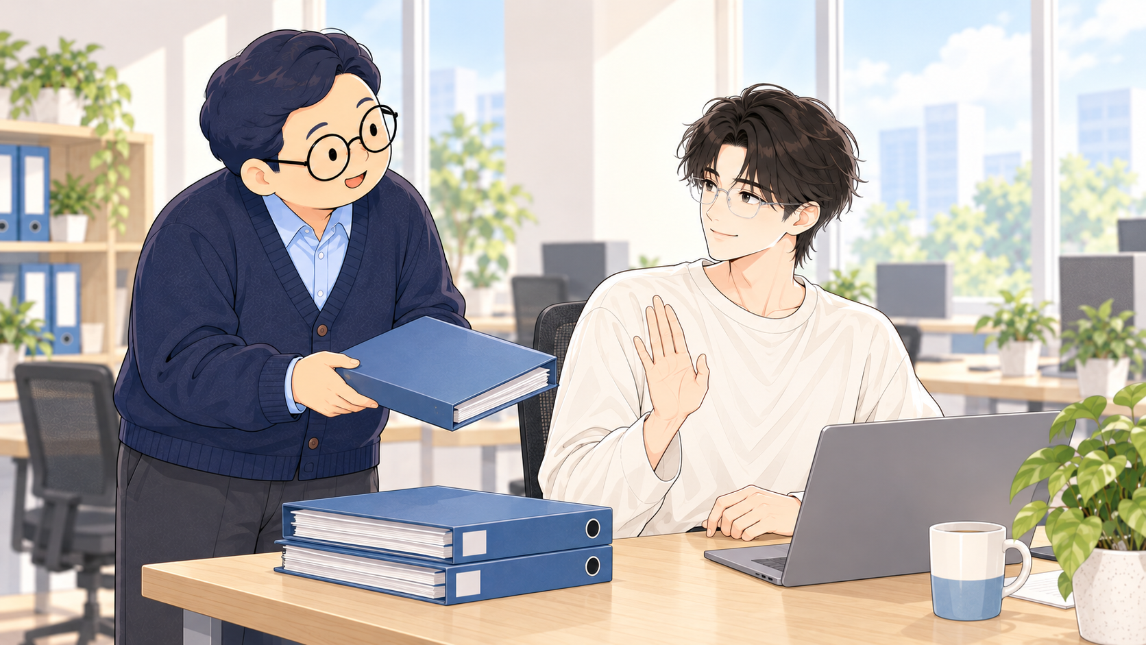 同僚からファイルを差し出され、手を挙げて穏やかに今の作業を先に終えたいと伝える男性