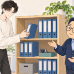 二人の同僚が備品棚の前でファイルの置き場を一緒に考えている