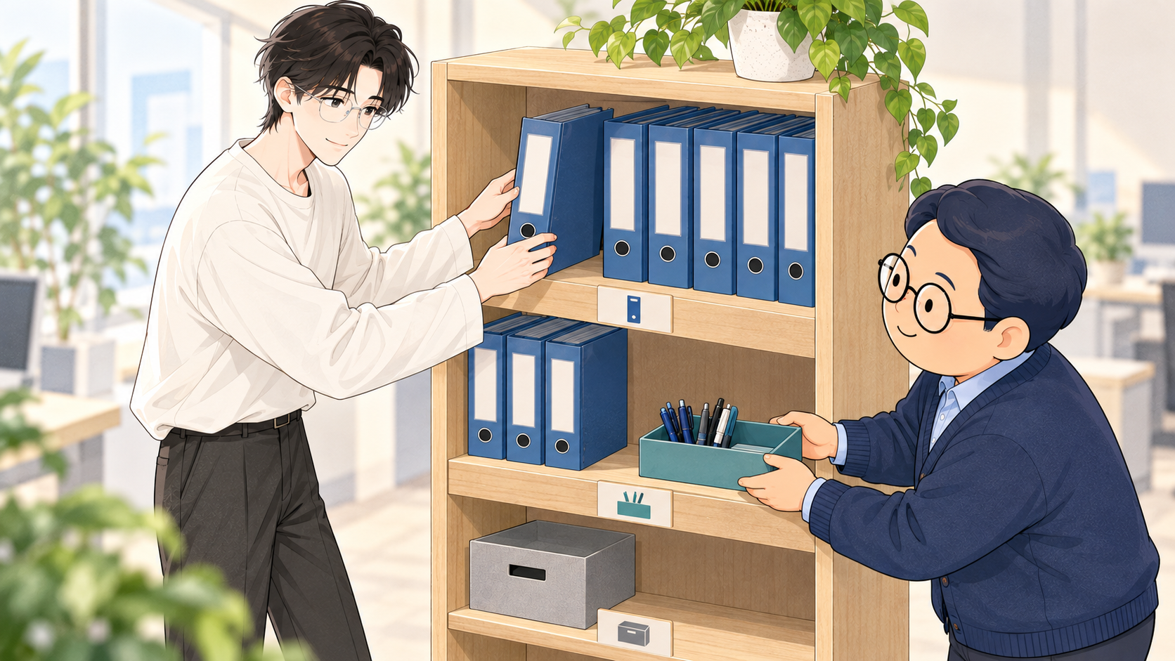 二人の同僚が絵ラベルで示された定位置へファイルとペントレーを戻している
